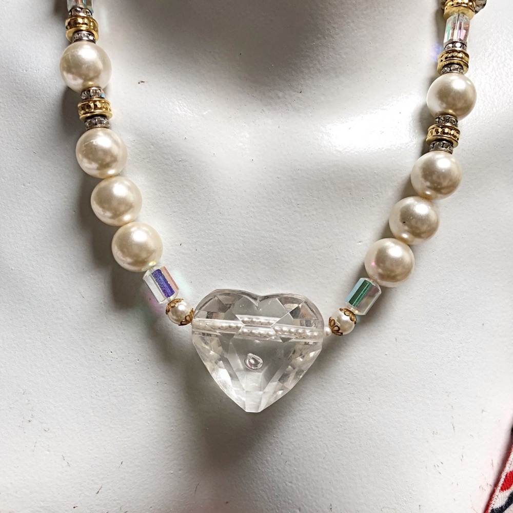 Giant Faux Pearl and Crystal Heart Necklace